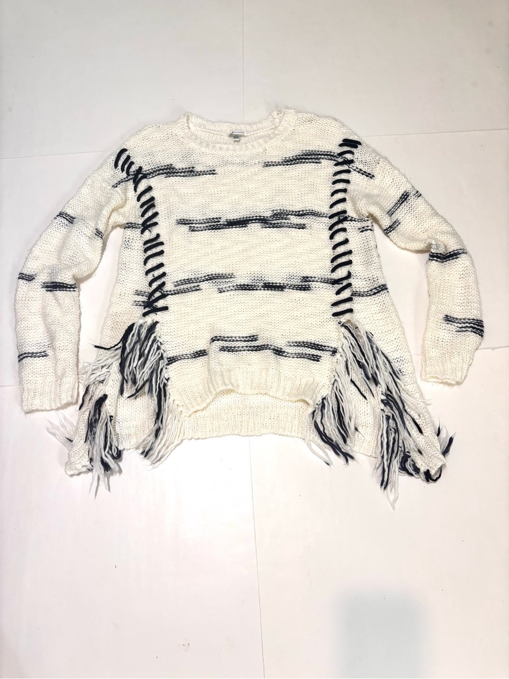 Rebecca Elliot Cream Fringe Knit Sweater with Black Accent